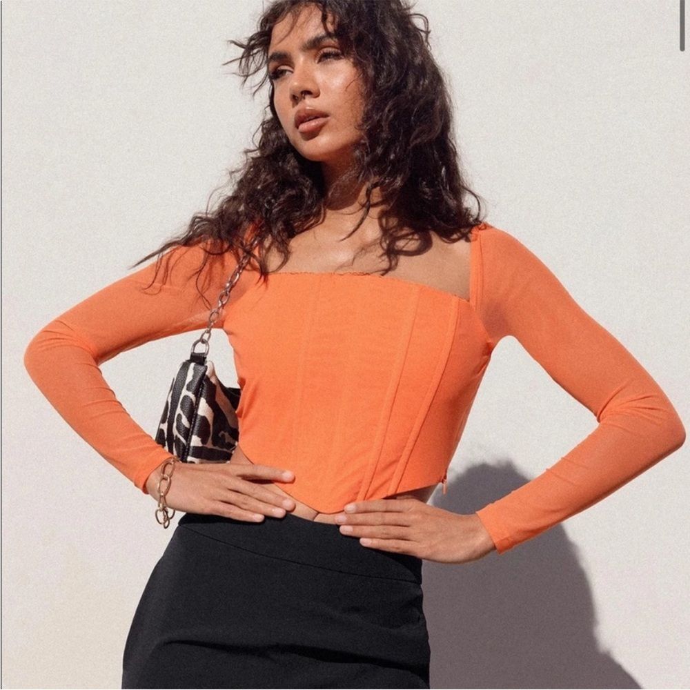 Princess Polly Neon Orange Beverly 90s Sheer Mesh Long Sleeve Corset Top Size 2